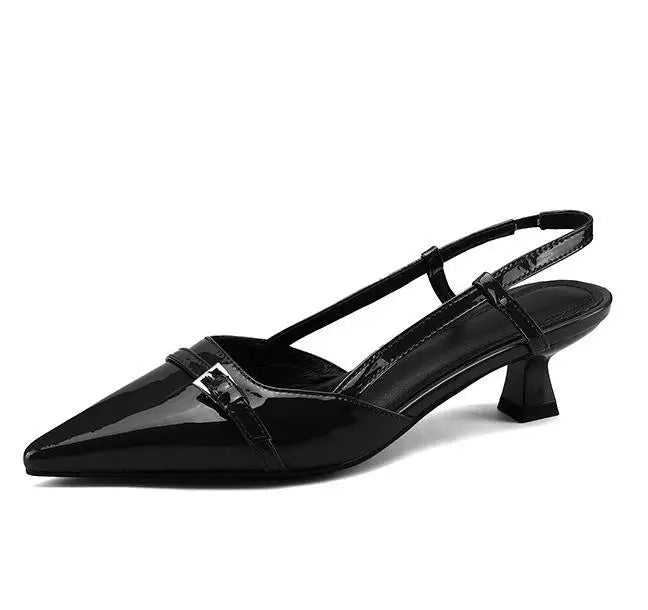 2024 New Summer Women's Dress Shoes Patent Leather Slip on Pointed Toe Sandals Buckle Slingbacks Mid Heels Pumps Sandalias Mujer