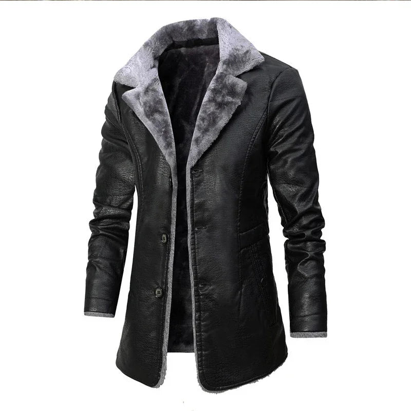 2023 Men Winter Long Thick Fleece PU Leather Jacket New Winter Fashion Suit Collar Men's Windbreaker Leather Jacket Coats