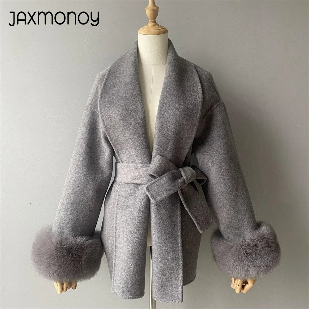 Jaxmonoy Women's Wool Coat with Real Fox Fur Collar and Cuffs Autumn Winter New Arrival Ladies Wool Jacket 2024 New In Outerwear