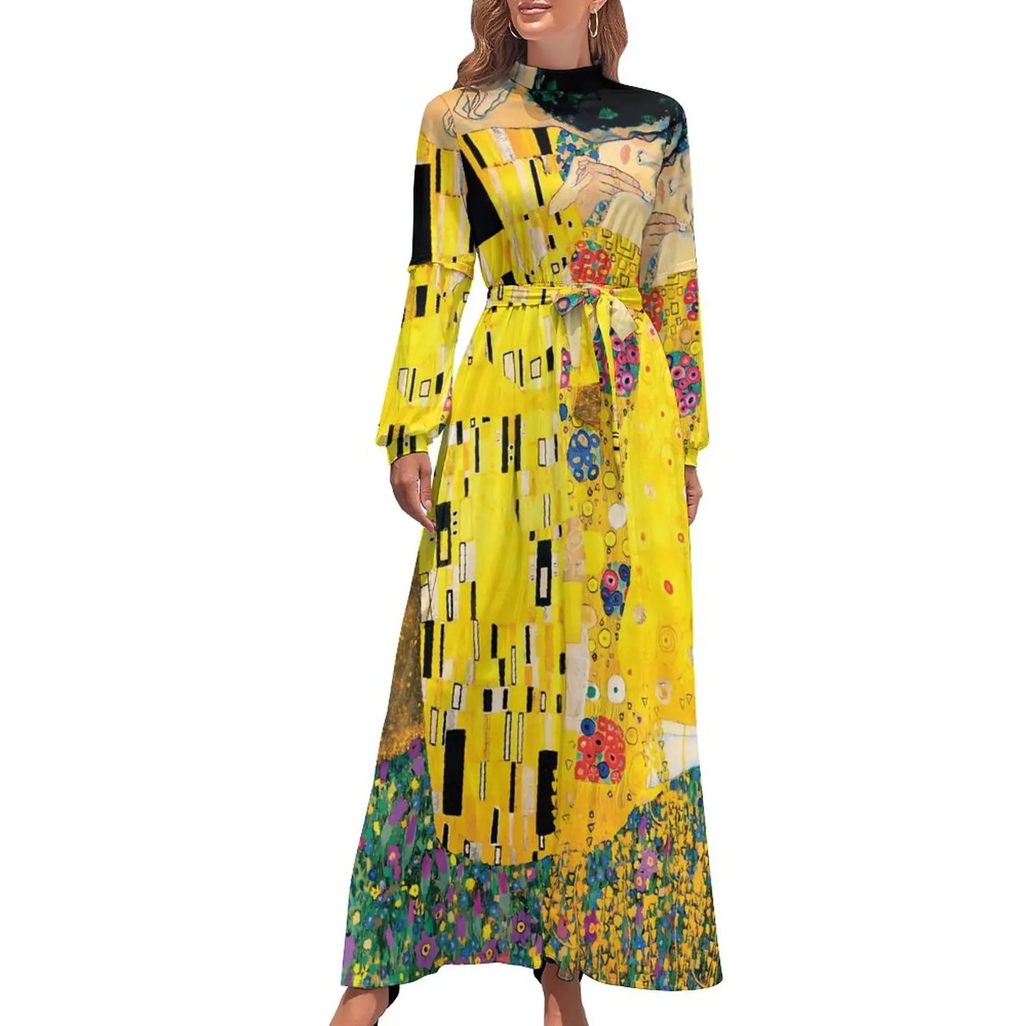 Klimt Art Dress High Neck Adele Gallery Custom Bohemia Dresses Long Sleeve Street Fashion Long Maxi Dress Cute Vestido