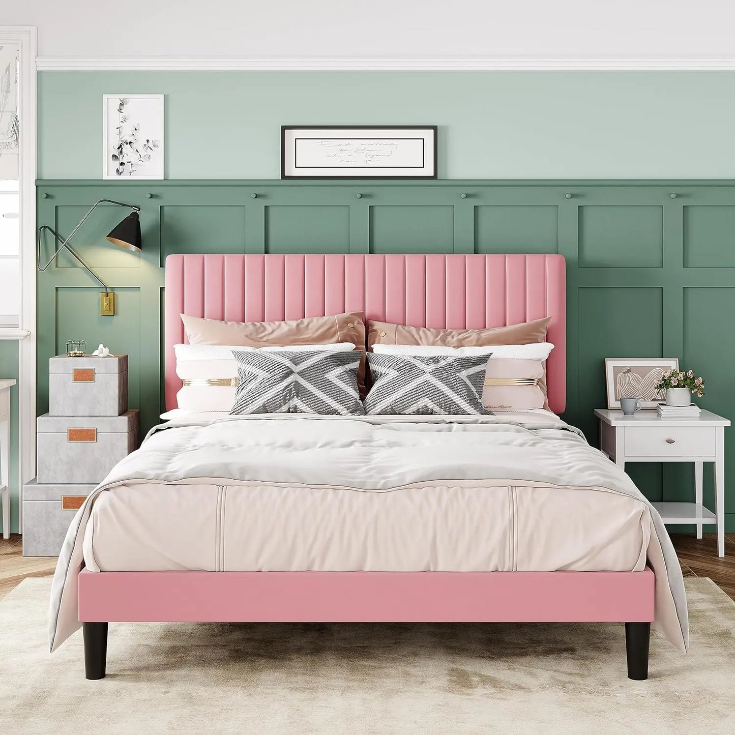 Queen Bed Frame, Velvet Upholstered Platform Bed with Adjustable Vertical Channel Tufted Headboard, Mattress Foundation