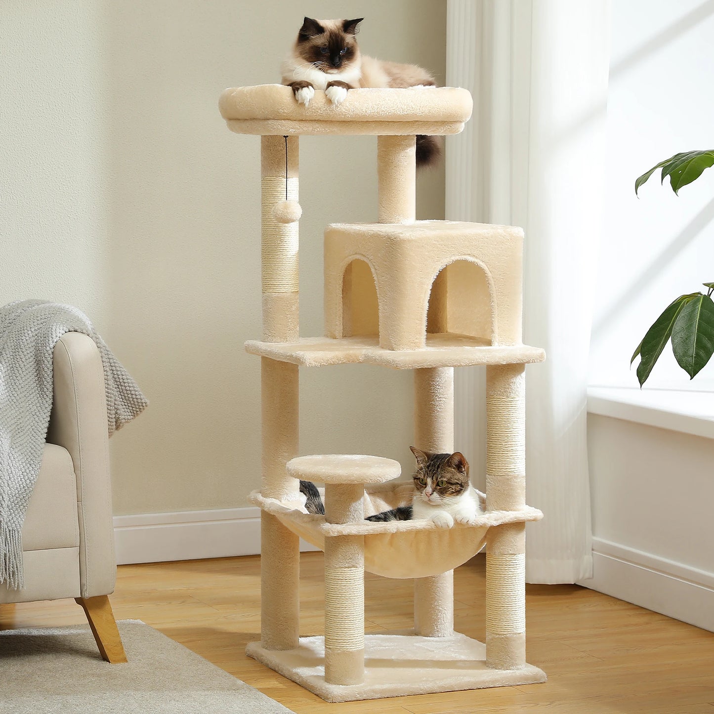 116cm High Cat Tree, 5-Tier Cat Tower, Durable Metal Hammock (44x39cm), Oversized Perch (47x33cm), 4 Sisal Scratching Posts