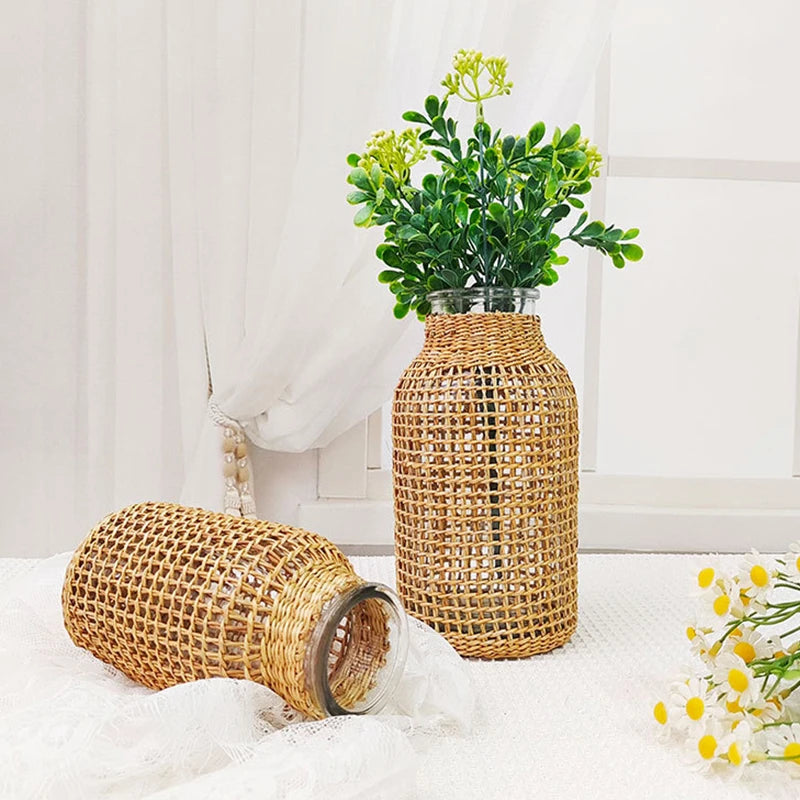 Straw Woven Glass Dry Vase Japanese Glass Vase with Rope Net Home Decoration Ornaments Vase Living Room Office Bedroom