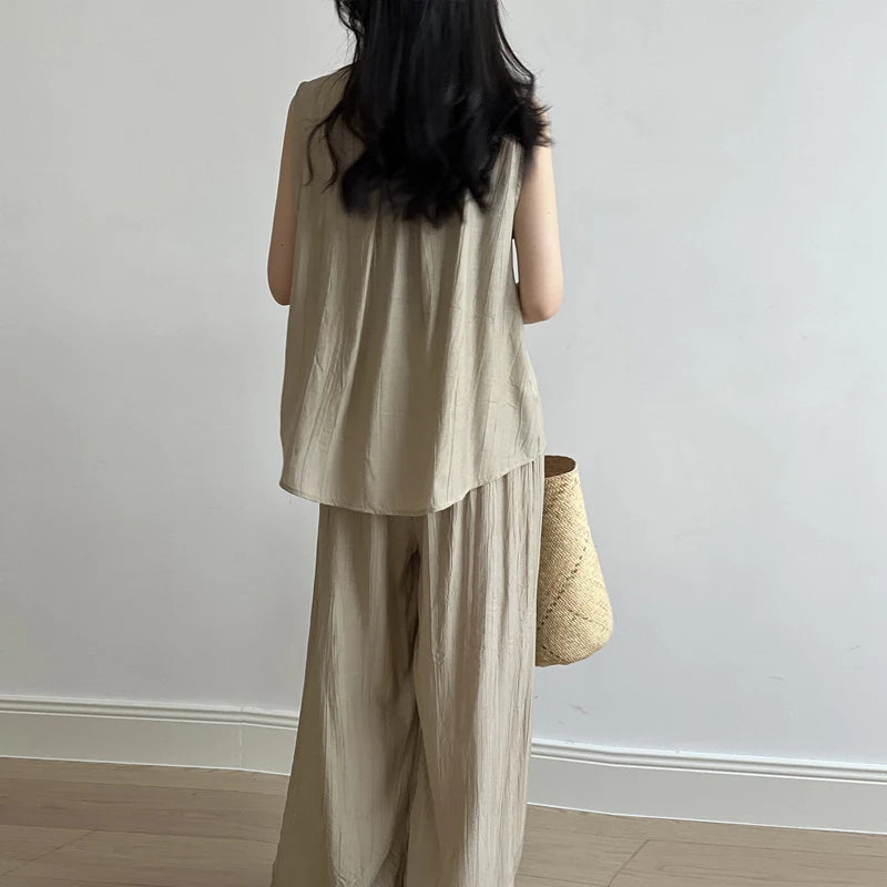 Johnature Thin Sleeveless Vest Sets Women Summer 2024 Pleated Shirt Wide-leg Pants Two-piece Casual Simple Soft Loose Sets