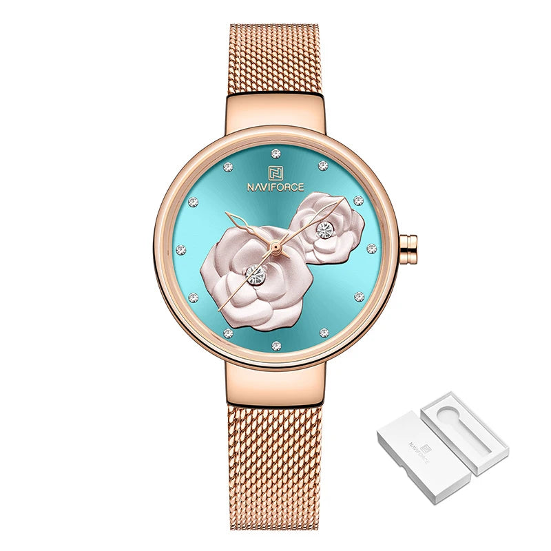 Women Watch NAVIFORCE Top Luxury Brand Steel Mesh Waterproof Ladies Watches Flower Quartz Female Wristwatch Charming Girl Clock