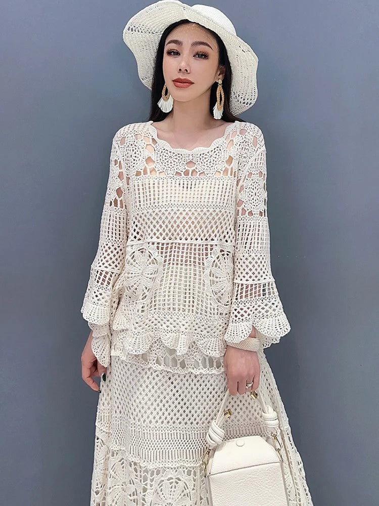 SHENGPALAE New Lace Set With Hollow Top Swing Long Skirt 2 Piece Set Fashionable Elegant Lady 2024 Spring Summer Clothes 5R9560