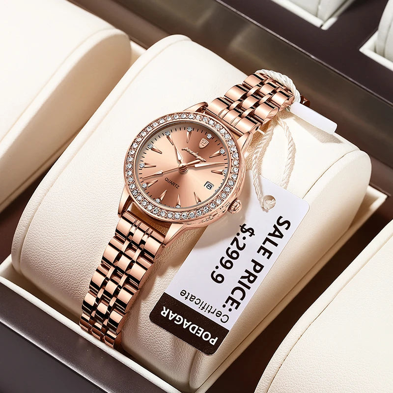 POEDAGAR Ultra Thin Women Watches Rose Gold Luxury Steel Strap Brand Diamond Dial Ladies Watch Bracelet Waterproof Date Clock