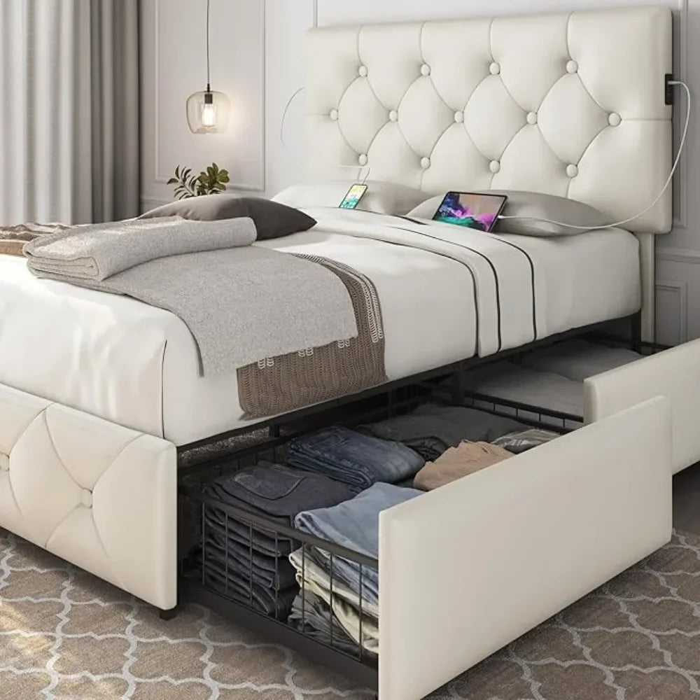 Full Size Upholstered Bed Frame with 2 USB Charging Faux Leather Platform Bed with Strong Wooden Slats, Bed Bases