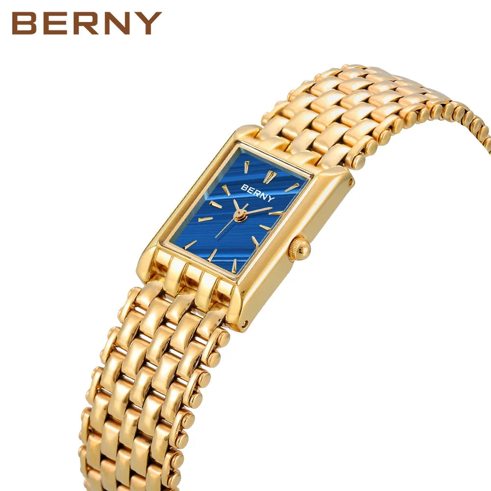 BERNY Quartz Watch for Women Glod Rectangle Luxury Waterproof  Female Clock Stainless Steel Classic Fashion Ladies WristWatch