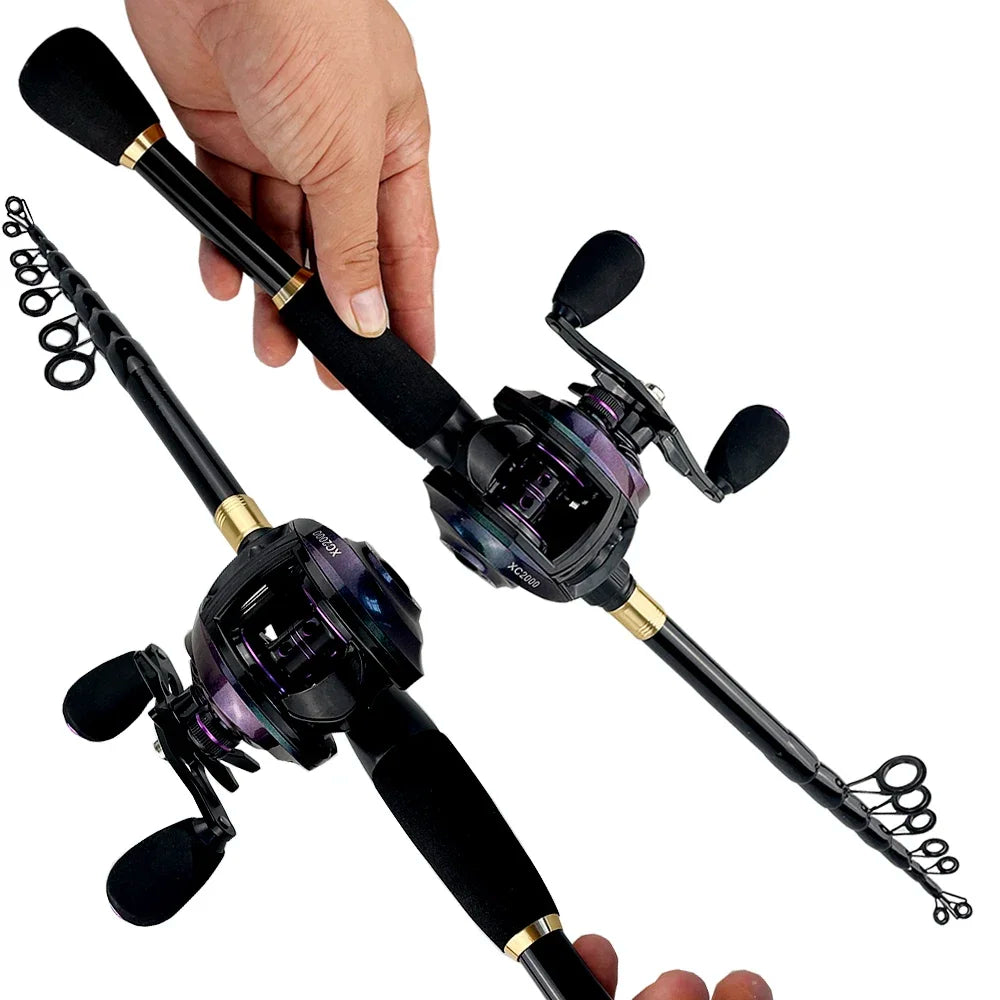 1.6m -2.4m Casting Spinning Fishing Rod Combo Telescopic Carbon Lure Fishing Rod 8.1:1 Gear Ratio Max Drag 8kg Reel Set Pesca