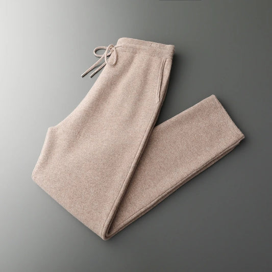 New 100% pure wool men's padded warm casual wide-leg pants knitted cashmere trousers in autumn and winter.