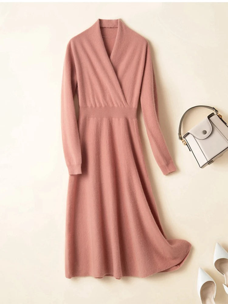 Birdtree Cashmere Wrap-up Dress Crossover V-neck Midi A-line Waist-length Over-the-knee Solid Commuting Knit Skirt D38012QD