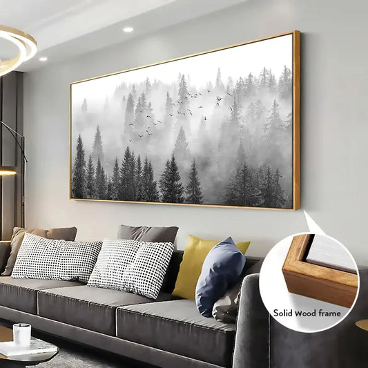 Majestic Foggy Forest Canvas Wall Art - Beautifully Framed & Ready to Hang - Monochromatic Elegance for Bedroom, Living Room