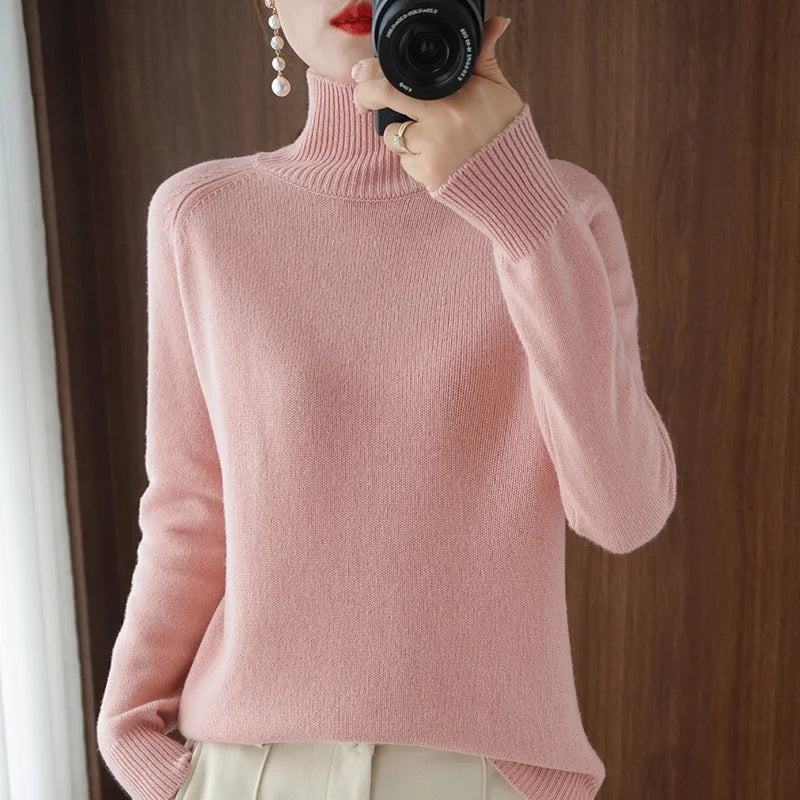 Fashion Basic Autumn Winter  Merino Wool Sweater Mock Neck Cashmere Pullover  Solid Color Soft Long Sleeve Clothing Tops