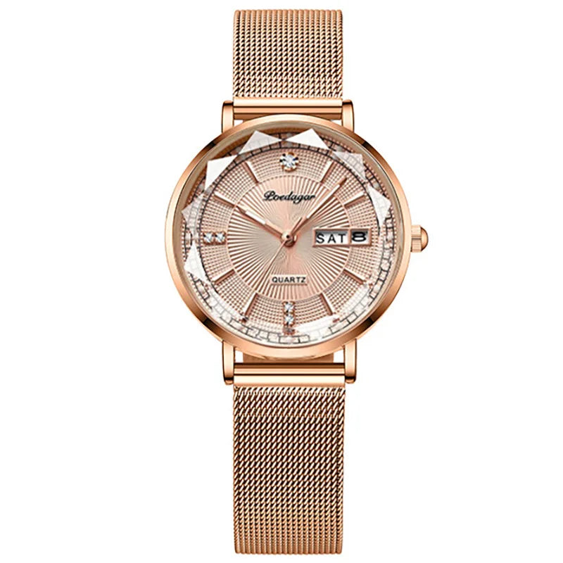 POEDAGAR New Arrival Women Brand Watch Fashion Diamond Dial Luxury Luminous Stainless Steel Ladies Quartz Watches Rose Gold 2023