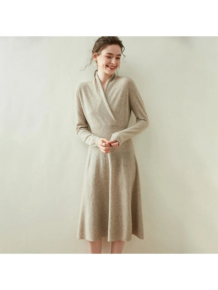 Birdtree Cashmere Wrap-up Dress Crossover V-neck Midi A-line Waist-length Over-the-knee Solid Commuting Knit Skirt D38012QD