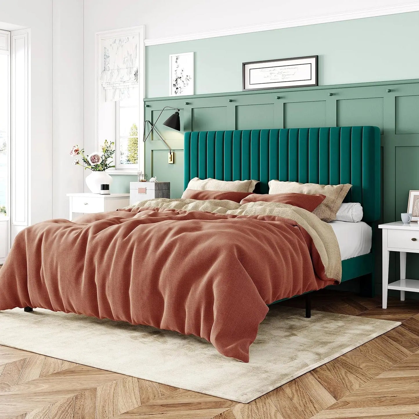 Queen Bed Frame, Velvet Upholstered Platform Bed with Adjustable Vertical Channel Tufted Headboard, Mattress Foundation