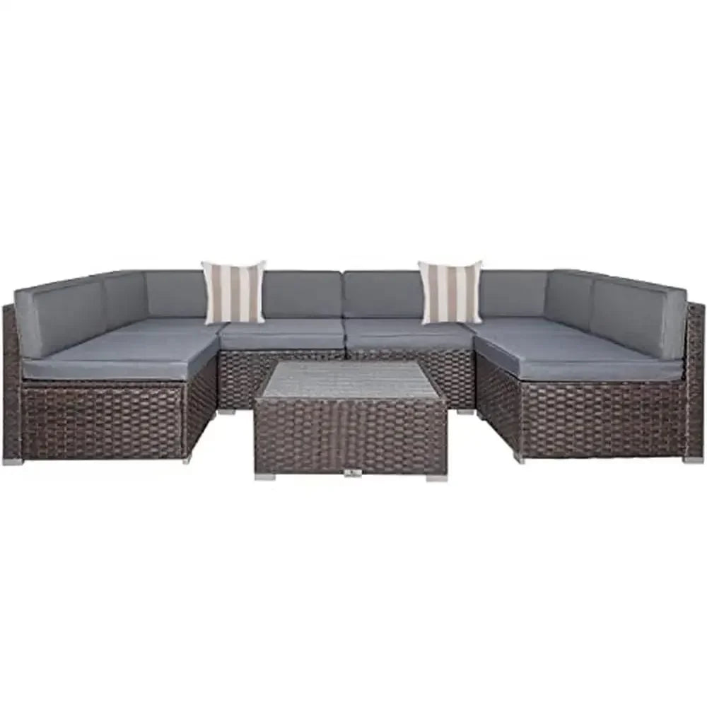 Outdoor Patio Furniture Set 7-Piece PE Rattan Wicker Sofa Sectional with Tea Table and Cushions