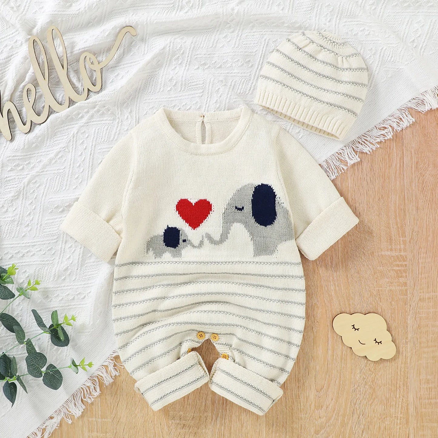 Baby Rompers Newborn Long Sleeves Knitted Strap Jumpsuit With Hat Cartoon Infant Kids Boy Girl Overalls Children Clothes 0-18M