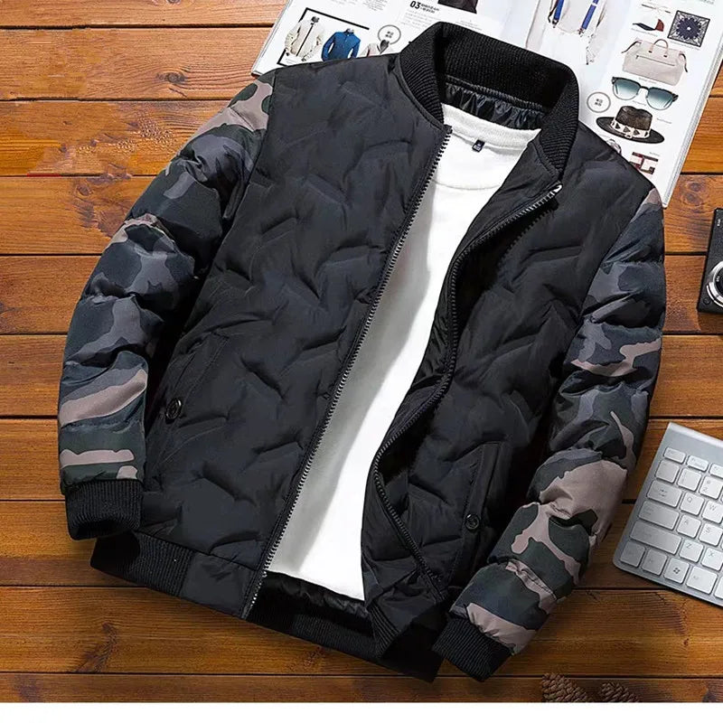 Men Winter Baseball Jacket Camouflage Patchwork Cotton Coats Slim Fit College Warm Jackets Men's Stand Collar Outwear Coat