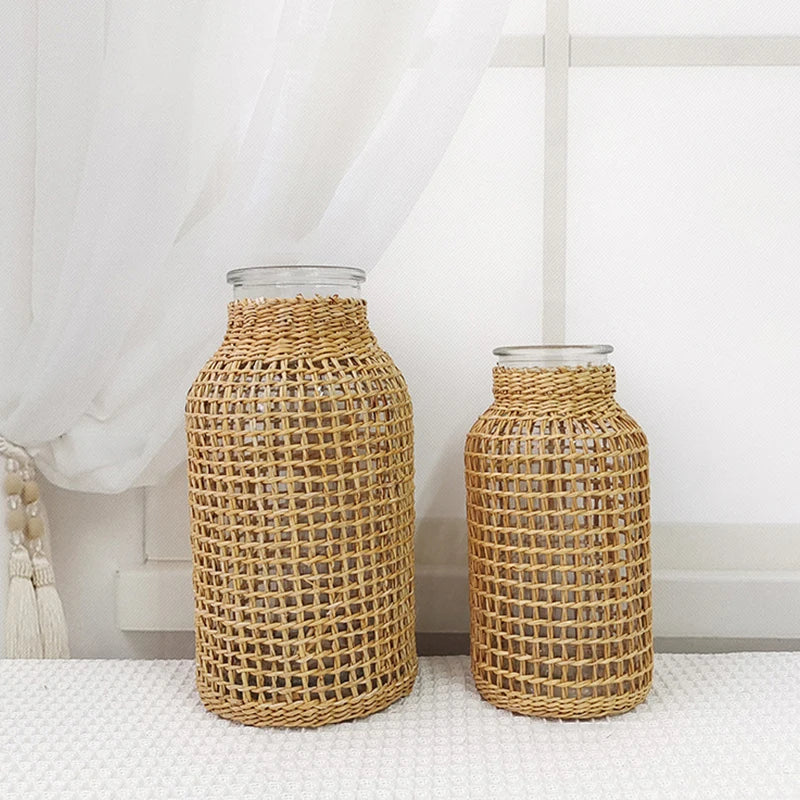 Straw Woven Glass Dry Vase Japanese Glass Vase with Rope Net Home Decoration Ornaments Vase Living Room Office Bedroom