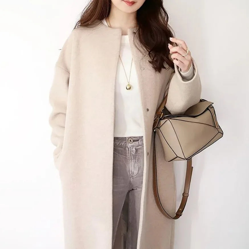 Elegant Woolen Coat for Women Long Sleeve Streetwear Korean Fashion Solid Single Breasted 2023 New Autumn Winter Coats