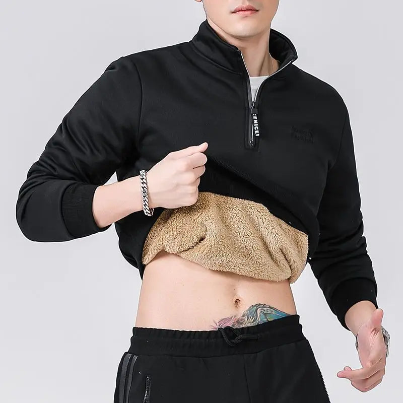 Winter Sweatshirt Men Long Sleeves Men Fleece Lined Warm Sweatshirt Pure Color Quarter Zip Sweatshirt Thicken Plus Size L-7XL