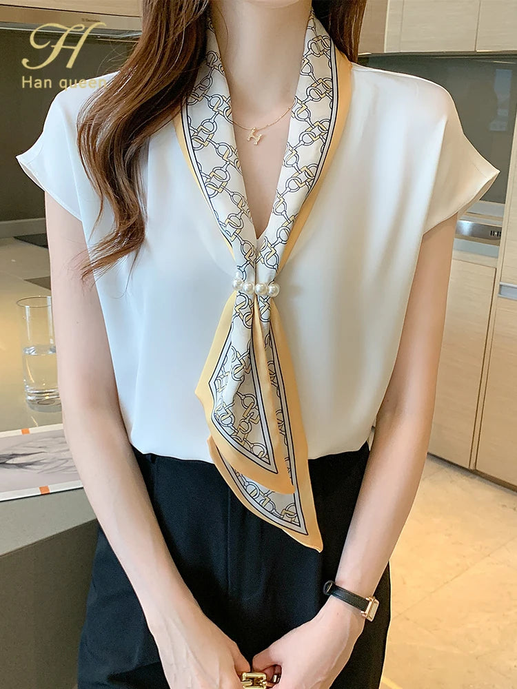 H Han Queen Summer Blusas Simple Office Lady Chiffon Blouse Female Shirt Lace-Up Tops Casual Korean OL Style Loose Blouses Women