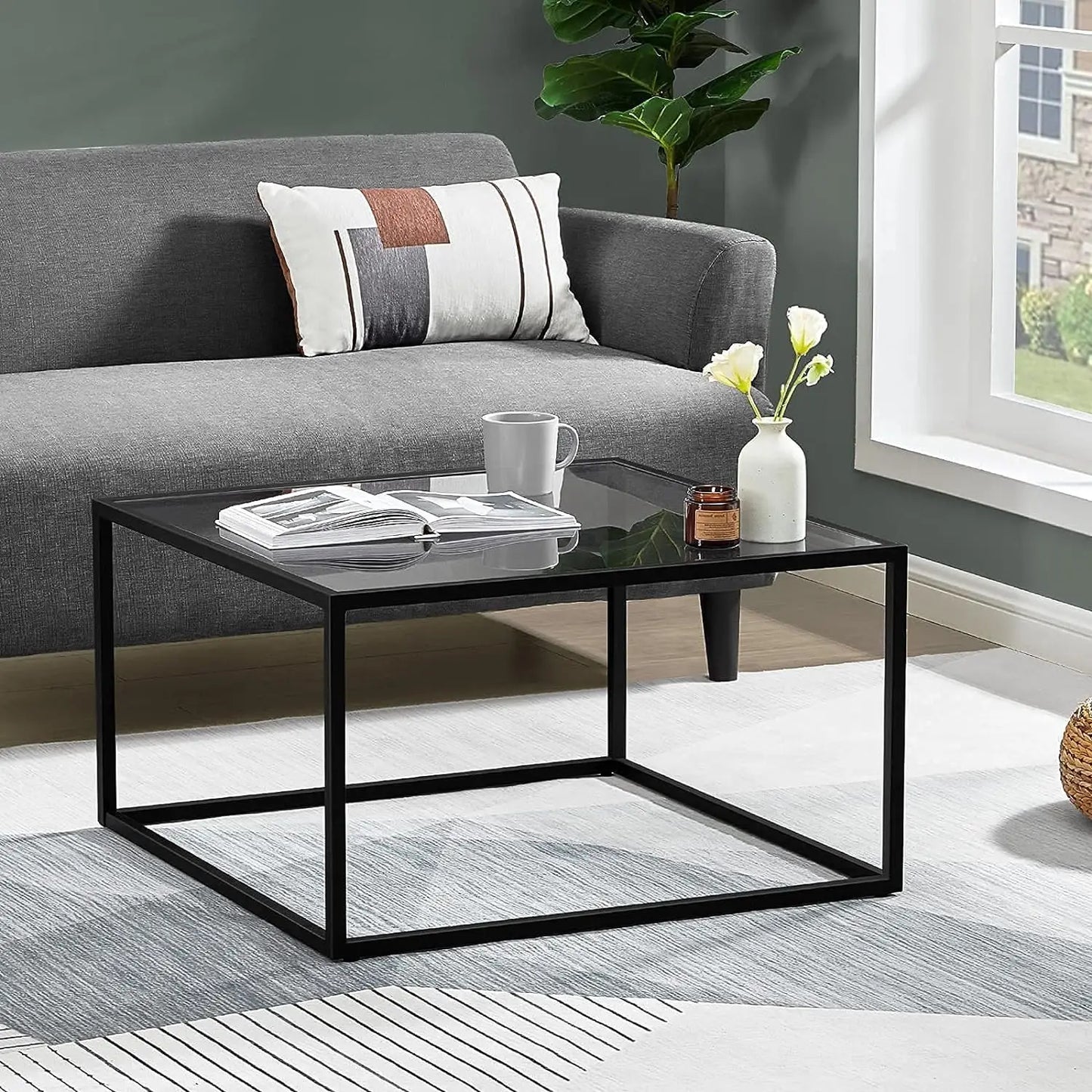 Small Modern Coffee Table Square Simple Center Tables for Living Room 26.7 x 26.7 x 15.7 Inches, Gray Black