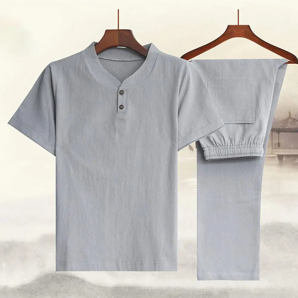 Summer Fashion Men Shirts Trousers Set Cotton And Linen Shirts Short Sleeve Men's Casual Top Pants Men Outfit M-4XL