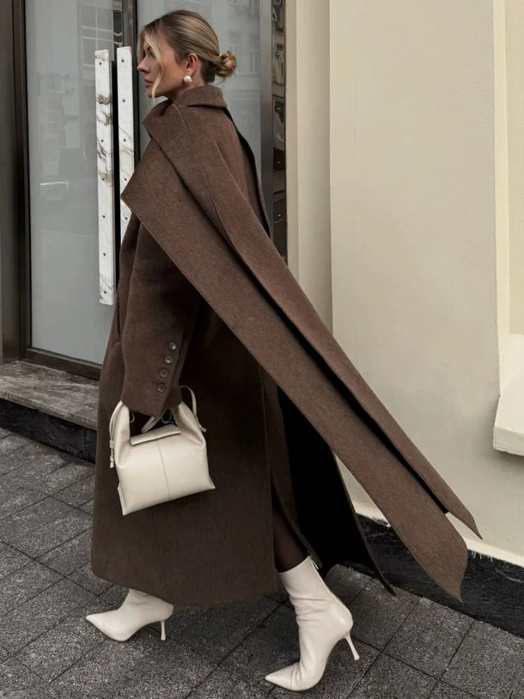 Elegant Oversized Scarf Collar Pockets Woolen Overcoats Women Fashion Buttons Long Sleeve Thicken Jackets 2024 Lady Outerwears