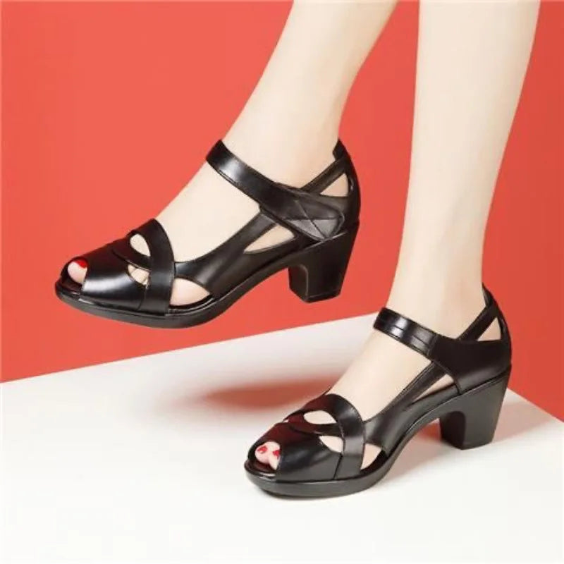 Summer Leather Fish Mouth Thick Heel Hollow Non-slip Sandals Roman Sandals Women's Soft Soled Comfortable Mother Shoes