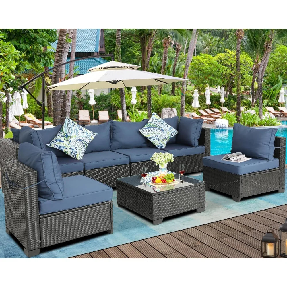 Patio Furniture Sets Outdoor Sectional PE Rattan Conversation Set with Cushions for Balcony Lawn and Garden (7 pcs w/Table)