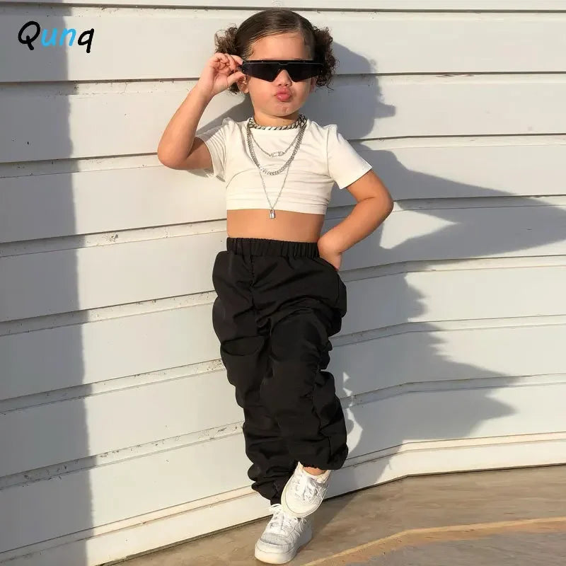 Qunq 2023 Summer INS New Boys And Girls Solid Hight Waist Loose Street Fashion Cargo Pants Sporty Casual Kids Clothes Age 3T-8T