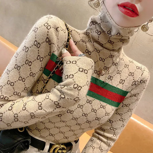 Women Clothing Fashion Striped Turtleneck Sweaters Autumn Winter Letter Jacquard Knit Pullovers Elastic Slim Soft Wool Tops