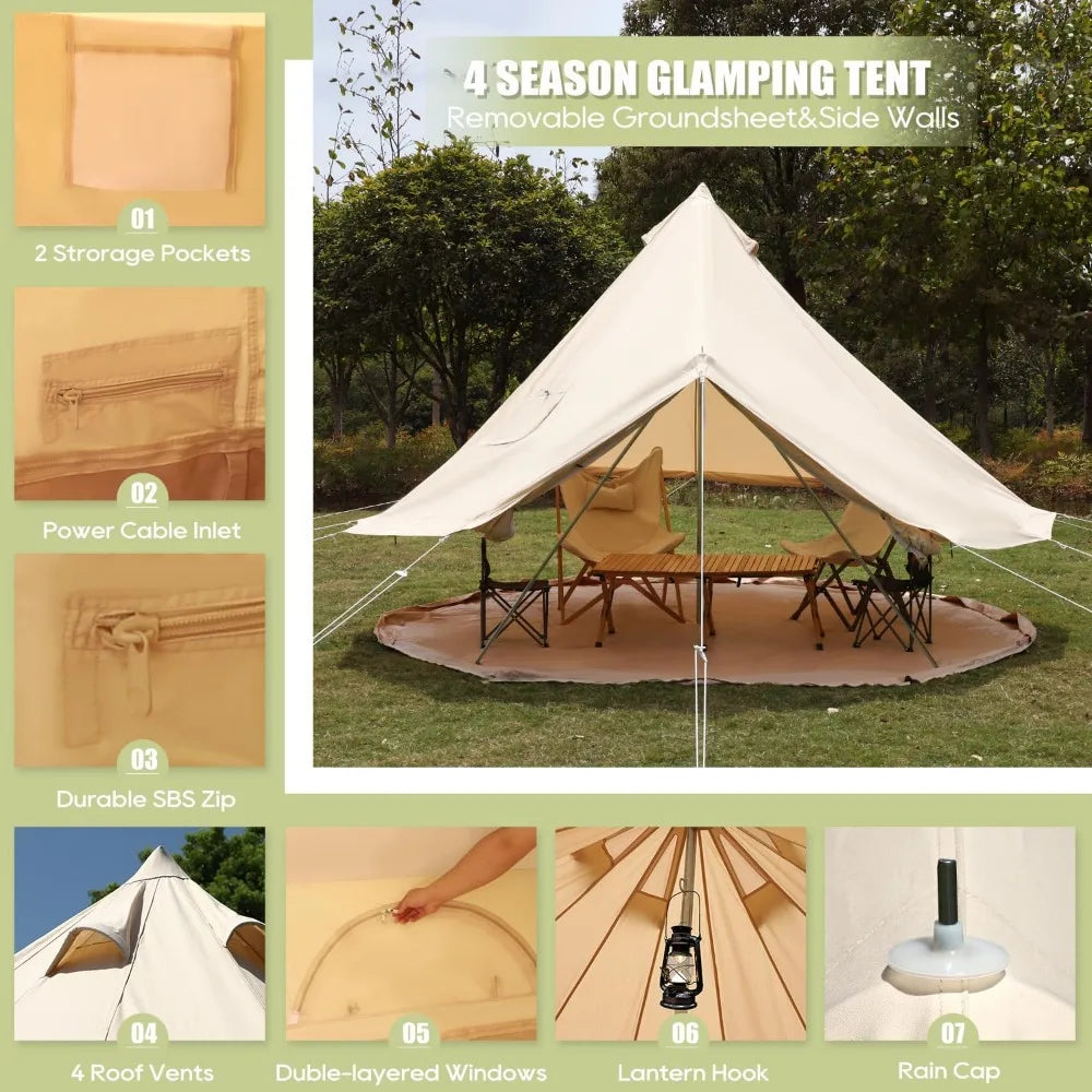 Luxury Cotton Tent, Yurt Canvas Tent with Stove Jack, Outdoor Canvas Bell Tent for 8 Person Family 4 Season Camping