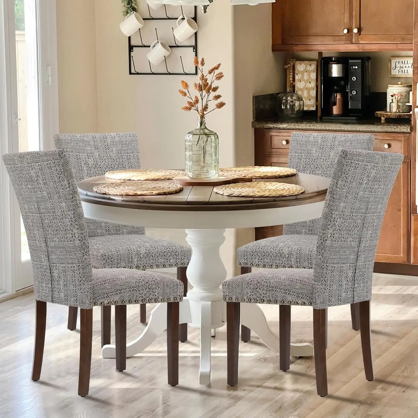 Dining Chair Set of 4 with Nailhead Trim, Wood Legs and Upholstered, Fabric Parsons Dining Chair