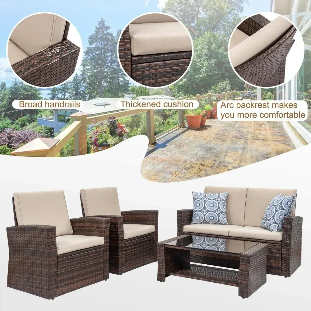 Outdoor Patio Furniture 4 Piece Set, Wicker Rattan Sectional Sofa Couch with Glass Coffee Table | Brown