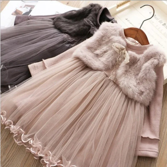 Children Girls Tulle Dress New Autumn Long Sleeves Fake 2Pcs Fluff Princess Dresses Kids Keep Warm Prom Girl Party Girl Clothing