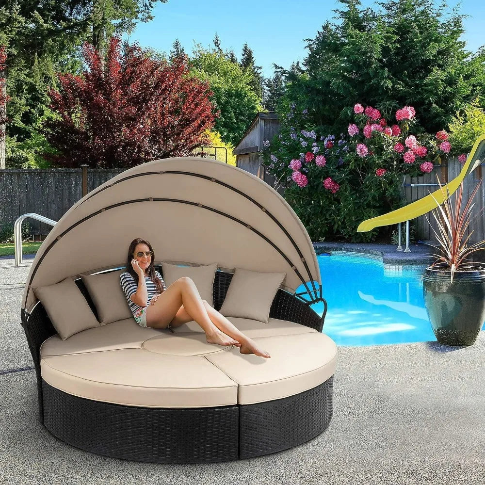 Patio Furniture Round Daybed with Retractable Canopy, Outdoor Wicker Rattan Sectional Sofa Set,Seating Separates Cushioned Seats