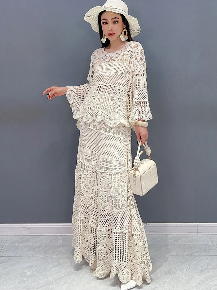 SHENGPALAE New Lace Set With Hollow Top Swing Long Skirt 2 Piece Set Fashionable Elegant Lady 2024 Spring Summer Clothes 5R9560