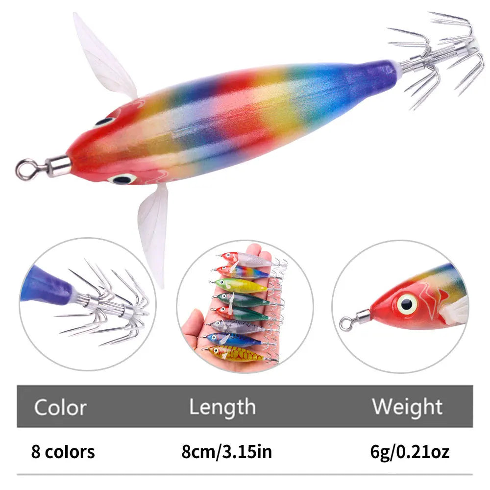 Wooden Shrimp Octopus Luminous Squid Hook Wholesale 8CM 6G Squid Hook Sea Fishing Set Jumping Bait Fishing Lure Metal Jig Head