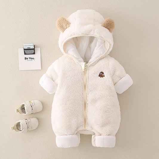 Winter NewBorn Hooded Clothes New Style Baby Boys Girls Thicken Romper Solid Color Plush Cute Overall Jumpsuit For Kids Clothing