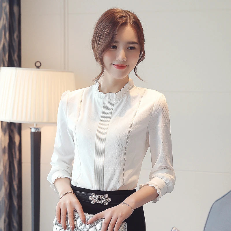 Women Shirts Blouses Long Sleeve White Shirt Chic Folds Chiffon Blouse OL Basic  Female Tops 2024 Fashion Elegant Woman Clothing