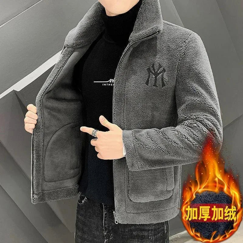 2024Fashionable autumn and winter new lamb wool jacket men's stand up collar trend with thick wool men's cotton jacket