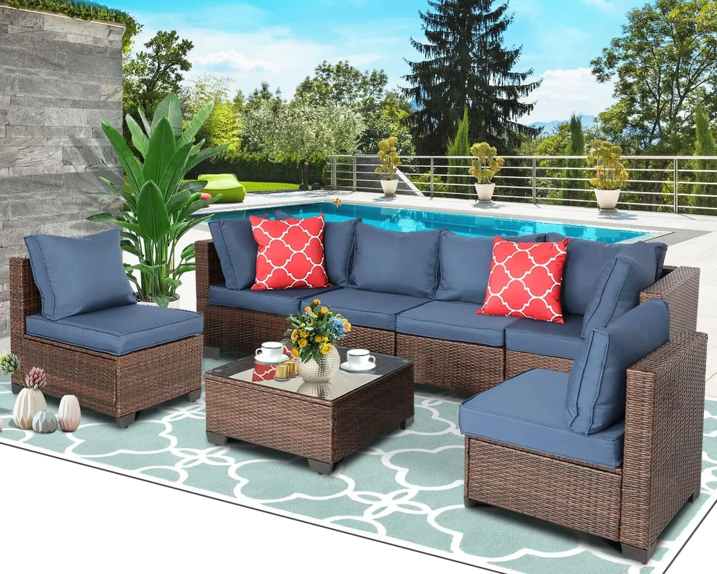 PE Rattan Outdoor Furniture Patio Conversation Set with Cushions for Balcony Lawn and Garden (Brown-Navy, 7 pcs w/Table)