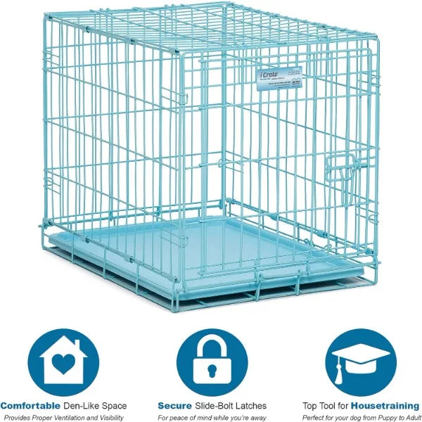 MidWest Homes for Pets Single Door Blue Folding Metal Dog Crate w/ Divider Panel, Floor Protecting 'Roller' Feet & Leak