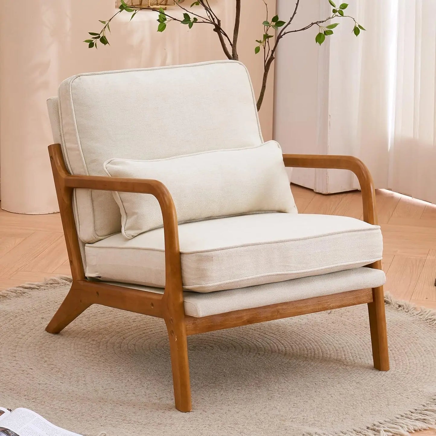 VINGLI Cozy Living Room Chairs, Fine Linen Beige Accent Chairs Set of 2, Wood Lounge Chairs for Bedroom, Comfy Mid Century Moder