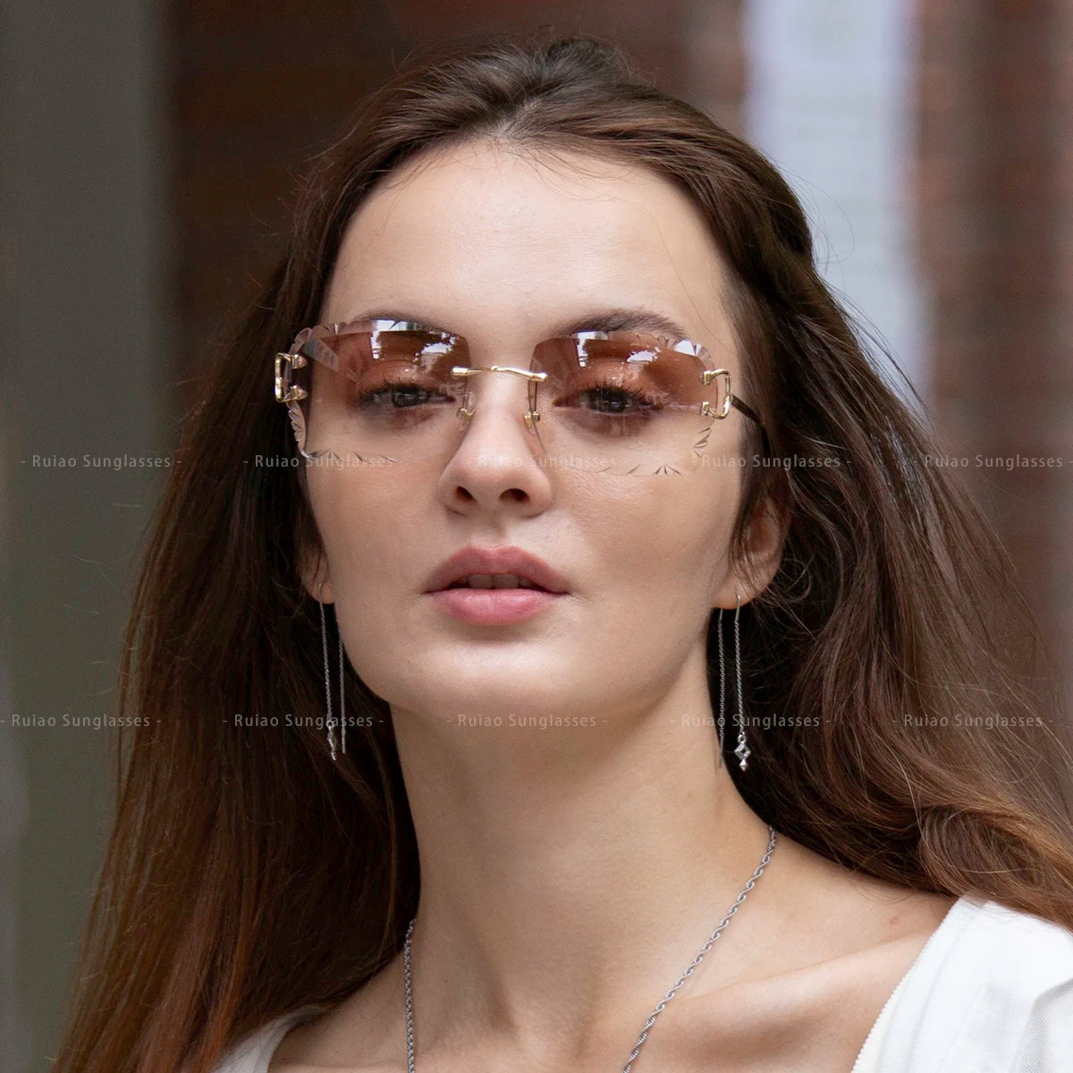 Ruiao Luxury high quality rimless diamond cut nylon lens UV400 Sunglasses fashion square metal legs glasses for men women