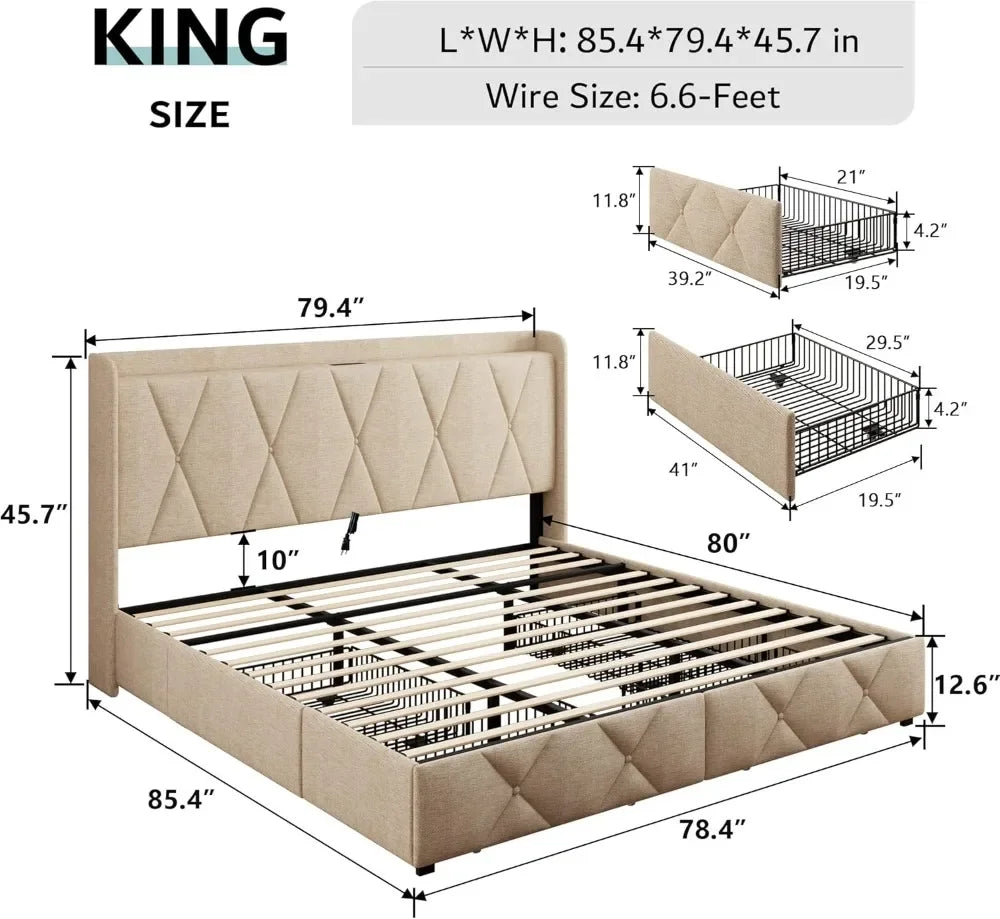 King Size Bed Frame with 4 Storage Drawers, Upholstered Platform Bed Frame with Charging Station,  Wingback Storage Headboard